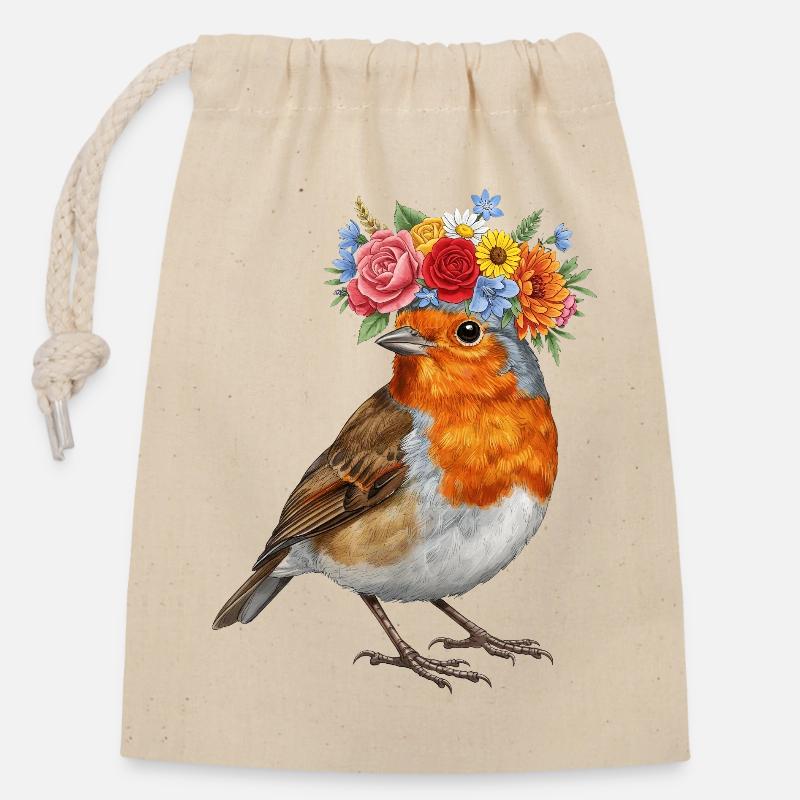 Blumenkrone Rotkehlchen - Verschließbarer Geschenkbeutel aus Baumwolle (14x20cm) - Natur