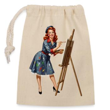 Peinture rétro pin-up sur toile - Sac cadeau en coton avec cordon (14 x 20 cm) - nature - Devant