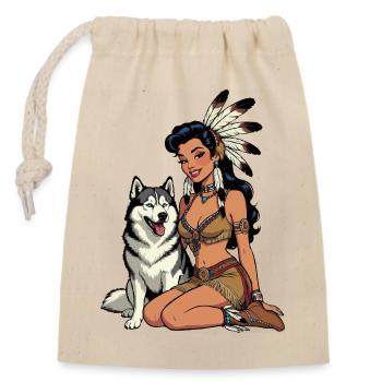 Indian woman with husky dog - Closable cotton gift bag (14x20cm) - nature - Front