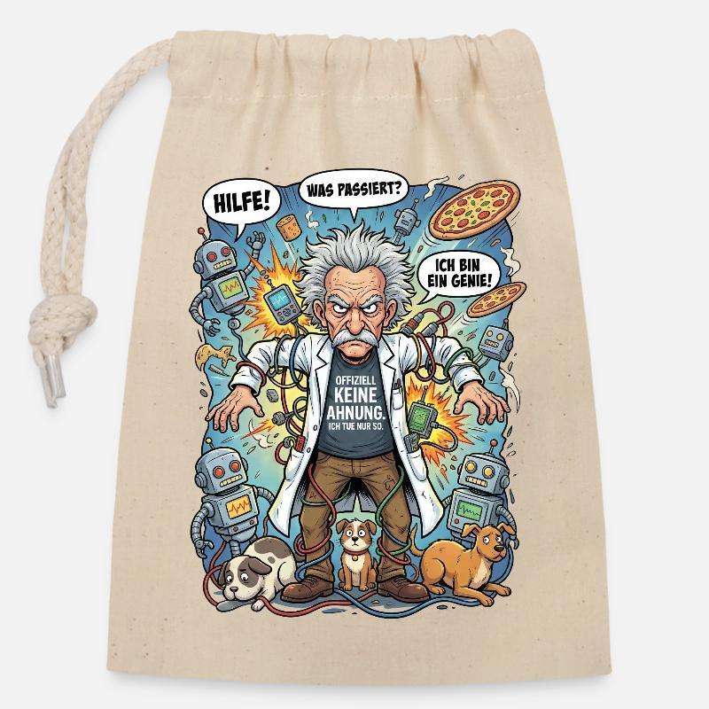 Génie dans le chaos : Einstein et les robots - Sac cadeau en coton avec cordon (14 x 20 cm) - nature