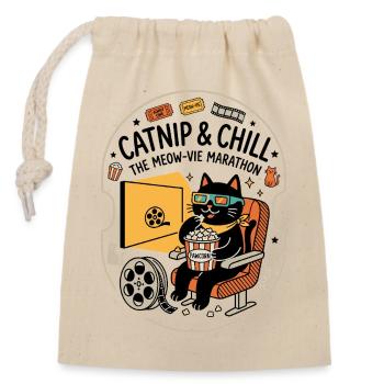 Cinéma Cat Popcorn 3D Look - Sac cadeau en coton avec cordon (14 x 20 cm) - nature - Devant