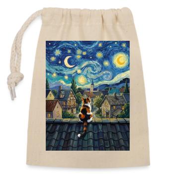 Art du chat Van Gogh du village de la Nuit étoilée - Sac cadeau en coton avec cordon (14 x 20 cm) - nature - Devant