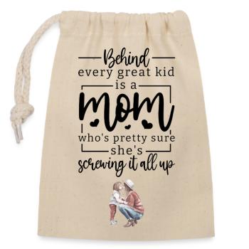 Ziemlich sichere Mama: Hinter jedem tollen Kindergeschenk - Verschließbarer Geschenkbeutel aus Baumwolle (14x20cm) - Natur - Vorne