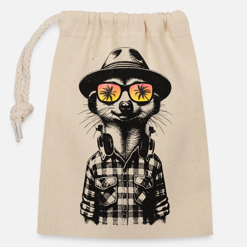 Hipster Erdmännchen mit Sonnenbrille & Kopfhörern - Verschließbarer Geschenkbeutel aus Baumwolle (14x20cm) - Natur