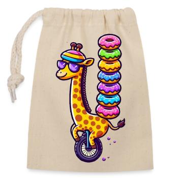 Giraffe auf einem Einrad mit bunten Donuts - Verschließbarer Geschenkbeutel aus Baumwolle (14x20cm) - Natur - Vorne
