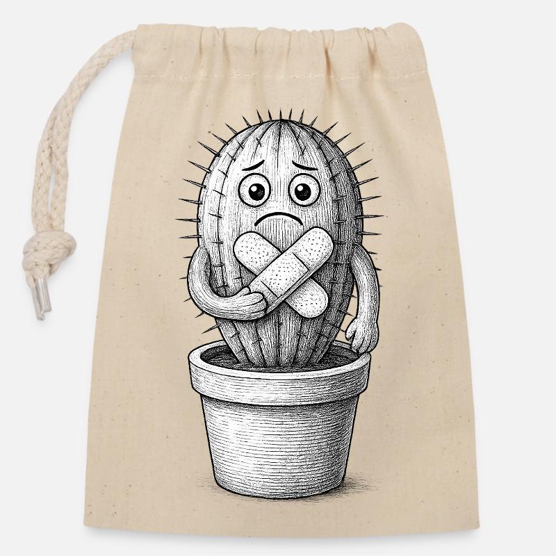 Bandaged Sad Cactus - Closable cotton gift bag (14x20cm) - nature