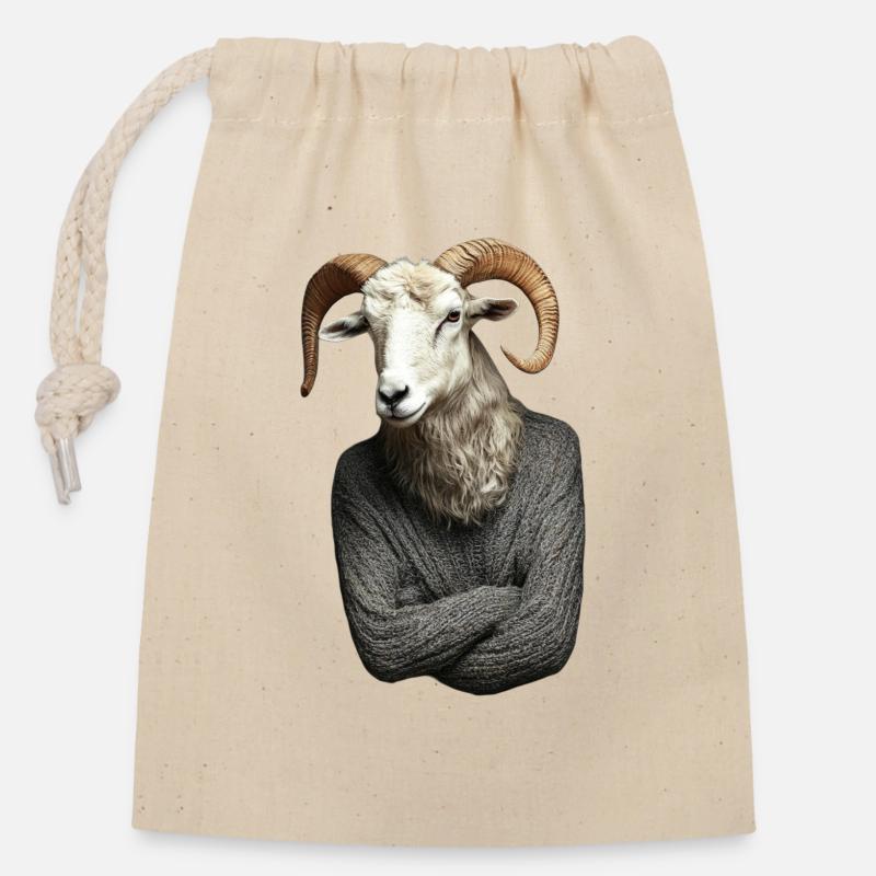 Ram im Pullover surreales Porträt - Verschließbarer Geschenkbeutel aus Baumwolle (14x20cm) - Natur