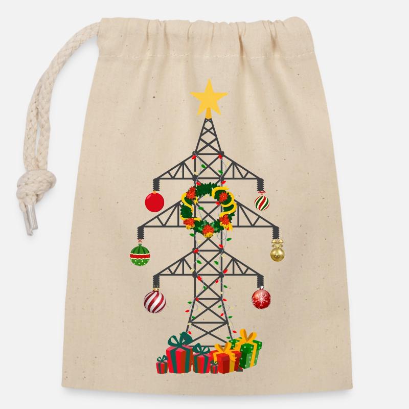 Poteau électrique de Noël - Sac cadeau en coton avec cordon (14 x 20 cm) - nature