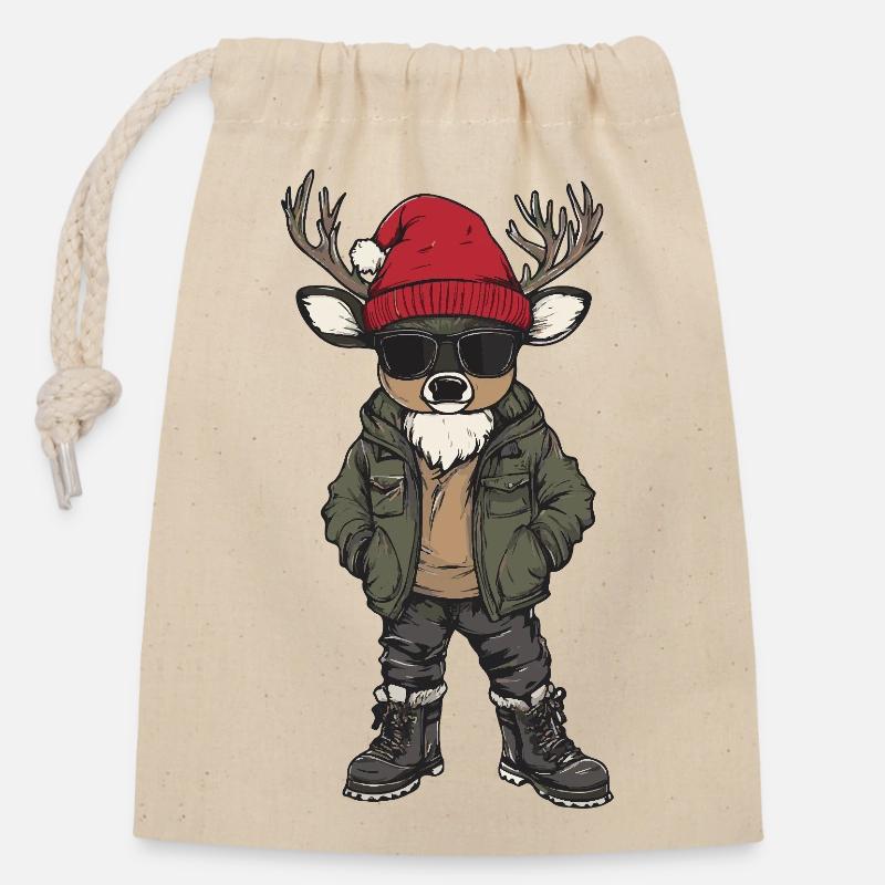 Hirsch Weihnachten Winter - Verschließbarer Geschenkbeutel aus Baumwolle (14x20cm) - Natur