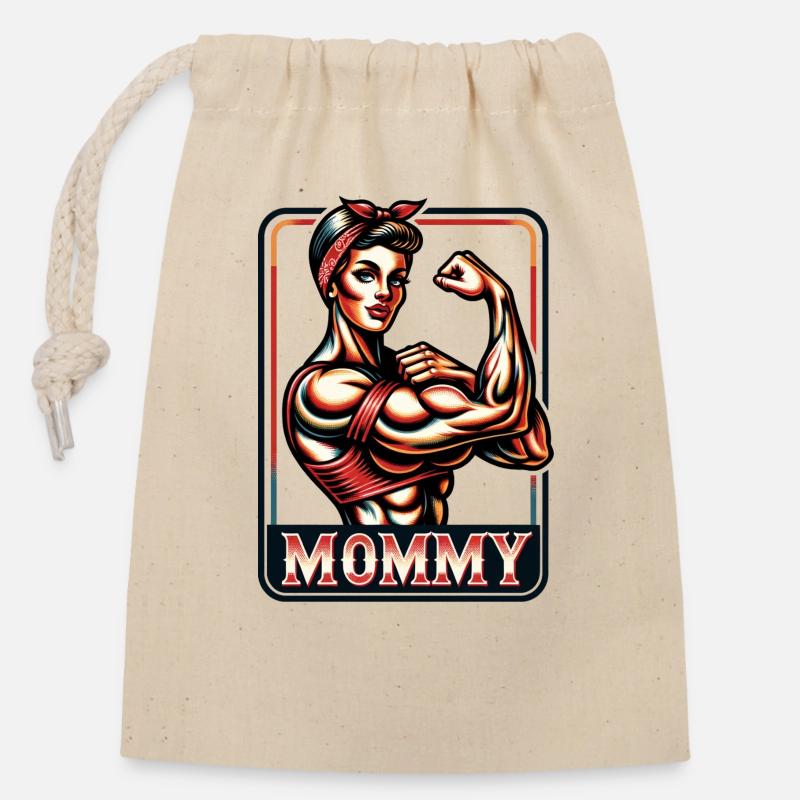 Maman musclée - Sac cadeau en coton avec cordon (14 x 20 cm) - nature