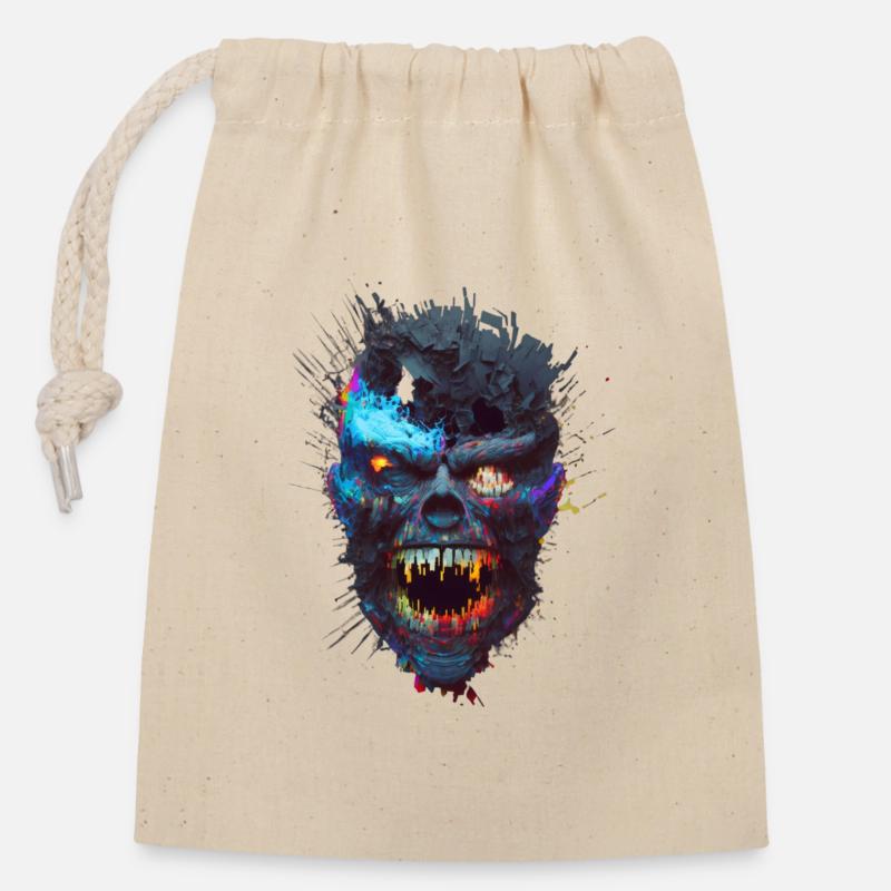 Glitch Monster Skull - Sac cadeau en coton avec cordon (14 x 20 cm) - nature