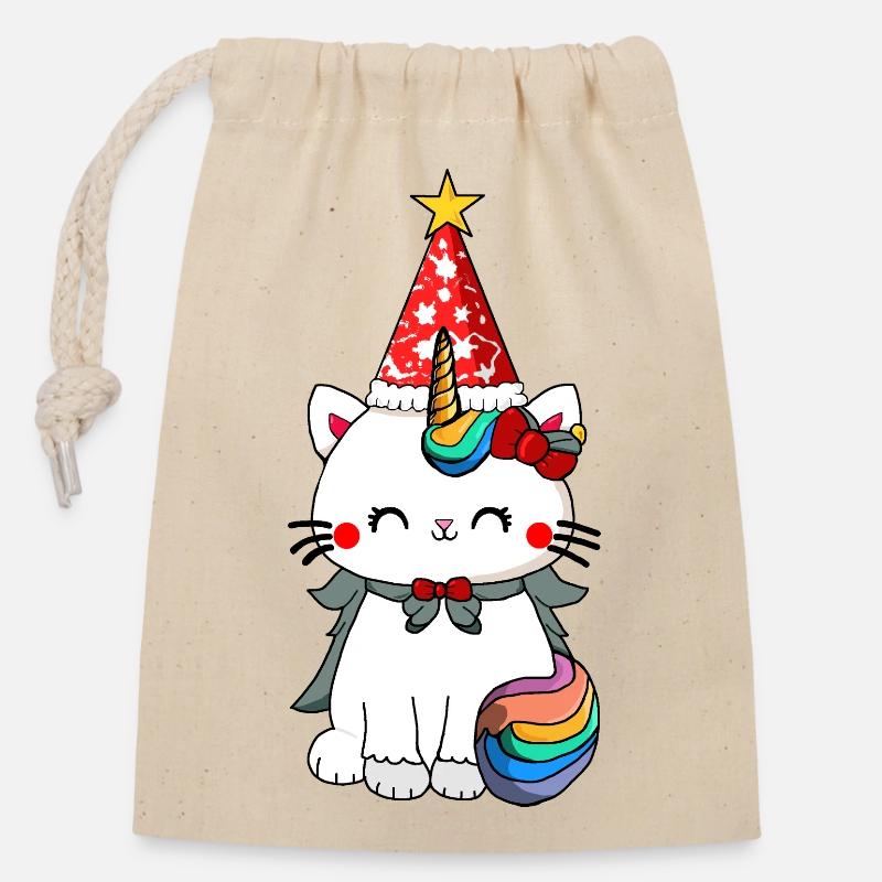 Weihnachten Einhorn Katze - Verschließbarer Geschenkbeutel aus Baumwolle (14x20cm) - Natur