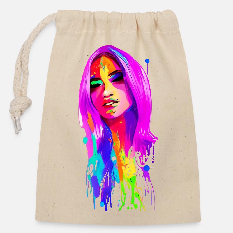 Lady 70's rétro - Sac cadeau en coton avec cordon (14 x 20 cm) - nature