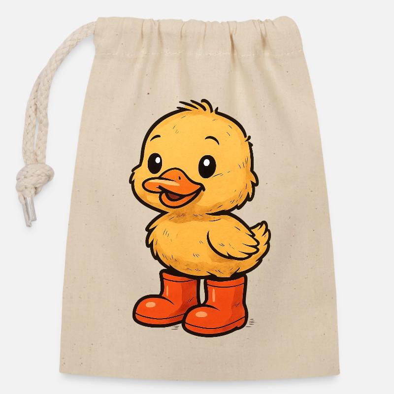Cute duck motif with rubber boots - Closable cotton gift bag (14x20cm) - nature