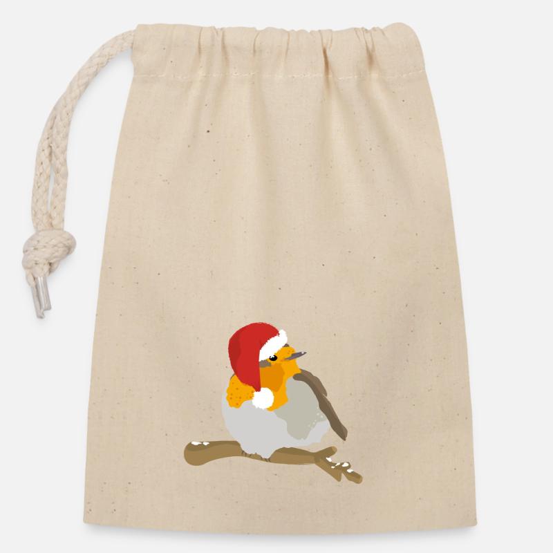 Robin with Christmas hat - Closable cotton gift bag (14x20cm) - nature