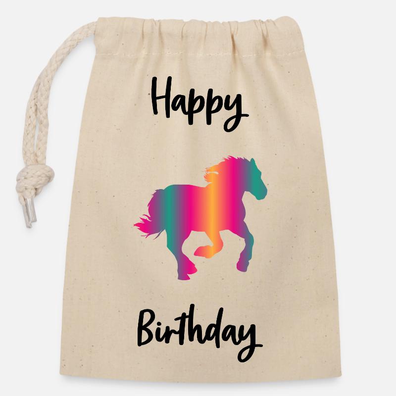 HAPPY BIRTHDAY. CHEVAL - Sac cadeau en coton avec cordon (14 x 20 cm) - nature