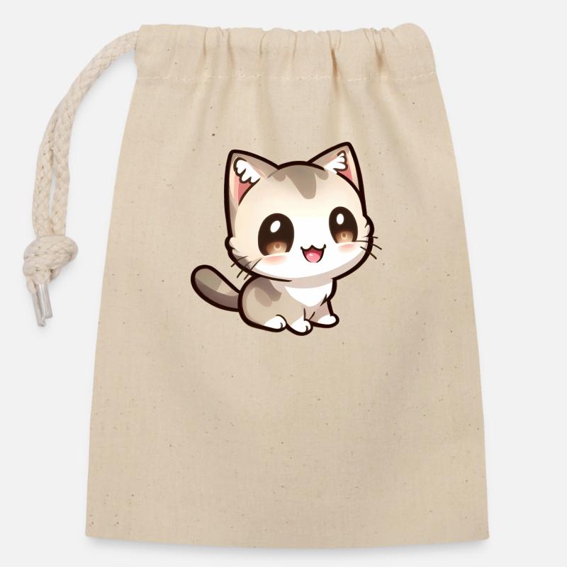 Mignon petit chat chibi - Sac cadeau en coton avec cordon (14 x 20 cm) - nature