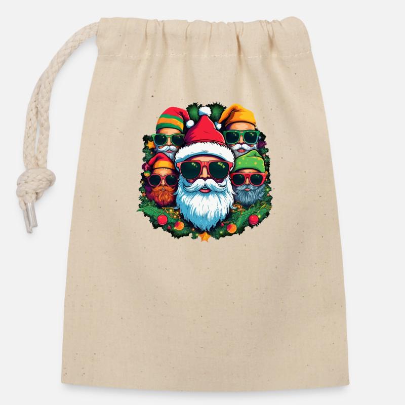 Pull de Noël moche - Cool Santas - Sac cadeau en coton avec cordon (14 x 20 cm) - nature