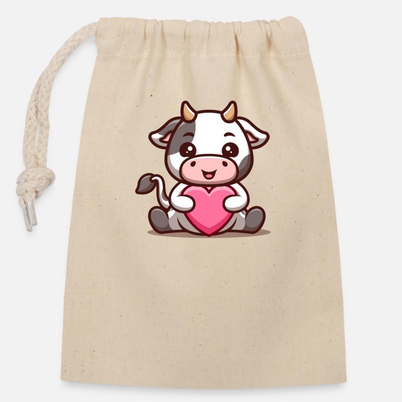 Vache mignonne - Sac cadeau en coton avec cordon (14 x 20 cm) - nature
