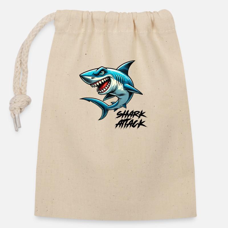 attaque de requin - Sac cadeau en coton avec cordon (14 x 20 cm) - nature
