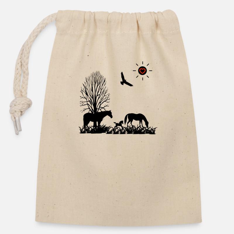 Chevaux - Sac cadeau en coton avec cordon (14 x 20 cm) - nature