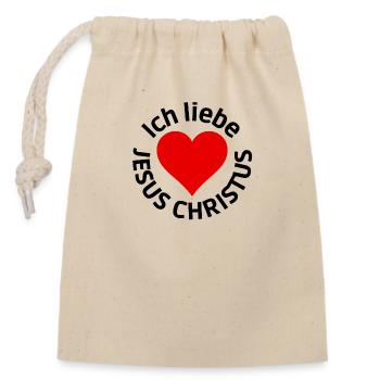 Ich liebe JESUS CHRISTUS ♥ - Verschließbarer Geschenkbeutel aus Baumwolle (14x20cm) - Natur - Vorne