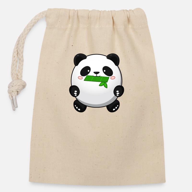 Fat Panda with Bamboo - Panda Cute Kawaii Bear - Sac cadeau en coton avec cordon (14 x 20 cm) - nature