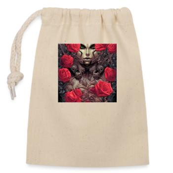 Visage féminin aux yeux verts parmi les roses rouges - Sac cadeau en coton avec cordon (14 x 20 cm) - nature - Devant