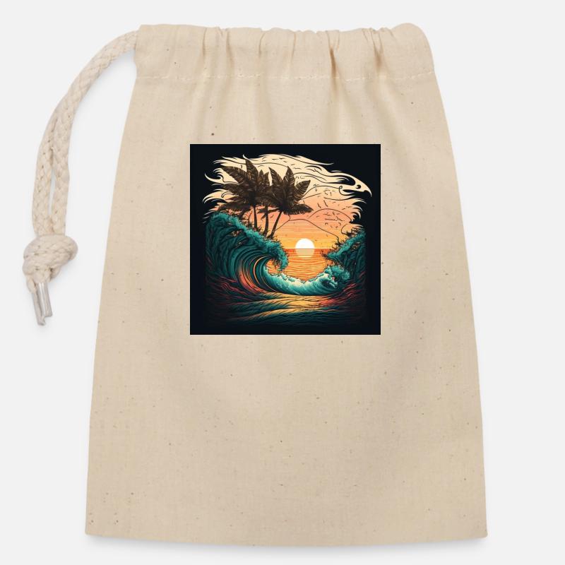 Ocean waves Sunset Palms - Verschließbarer Geschenkbeutel aus Baumwolle (14x20cm) - Natur