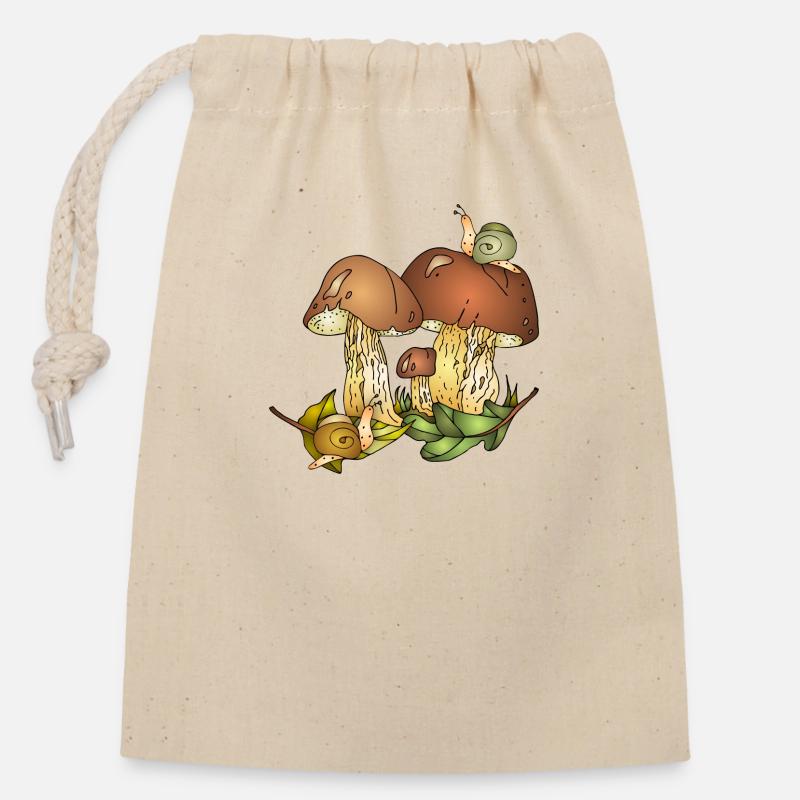 Champignons et escargots - Sac cadeau en coton avec cordon (14 x 20 cm) - nature