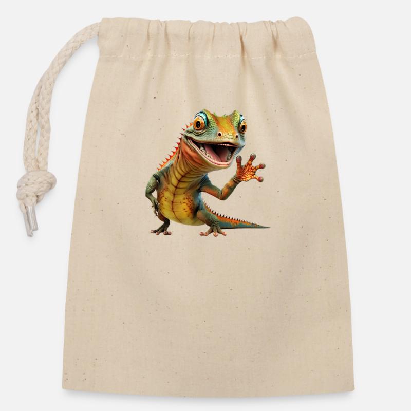 hello lezard - Sac cadeau en coton avec cordon (14 x 20 cm) - nature