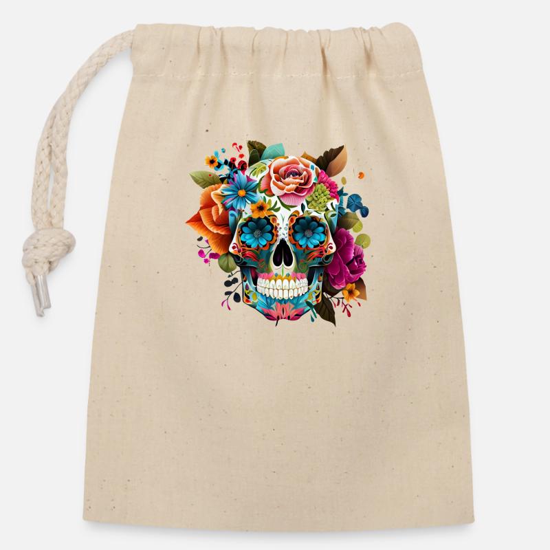 Crâne Fleurs Coloré - Sac cadeau en coton avec cordon (14 x 20 cm) - nature