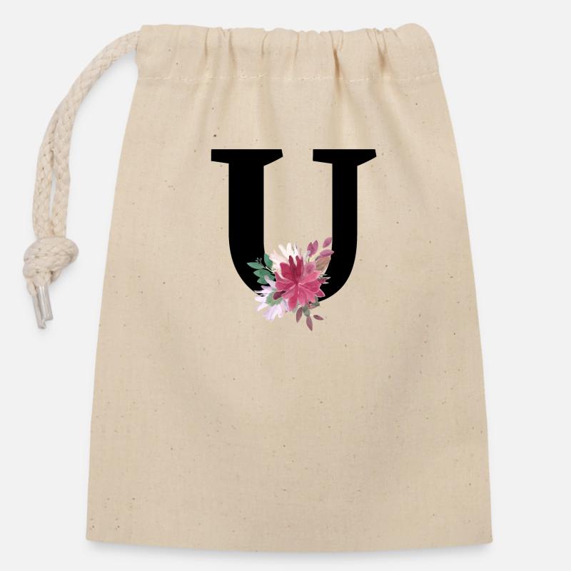Lettre u floral - Sac cadeau en coton avec cordon (14 x 20 cm) - nature