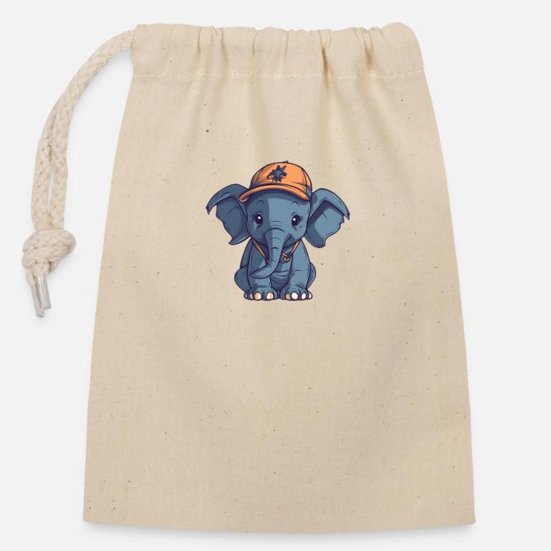 Éléphant avec casquette - Sac cadeau en coton avec cordon (14 x 20 cm) - nature