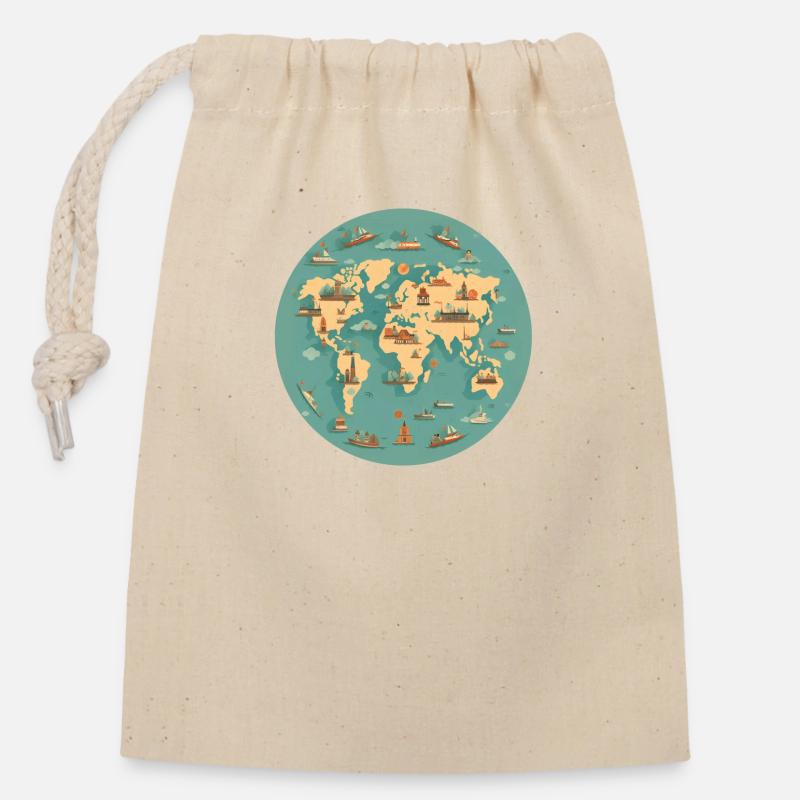 Carte du monde - Sac cadeau en coton avec cordon (14 x 20 cm) - nature