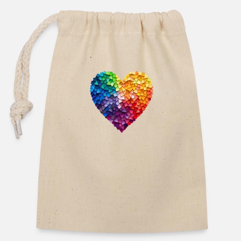 Regenbogen Herz - Verschließbarer Geschenkbeutel aus Baumwolle (14x20cm) - Natur