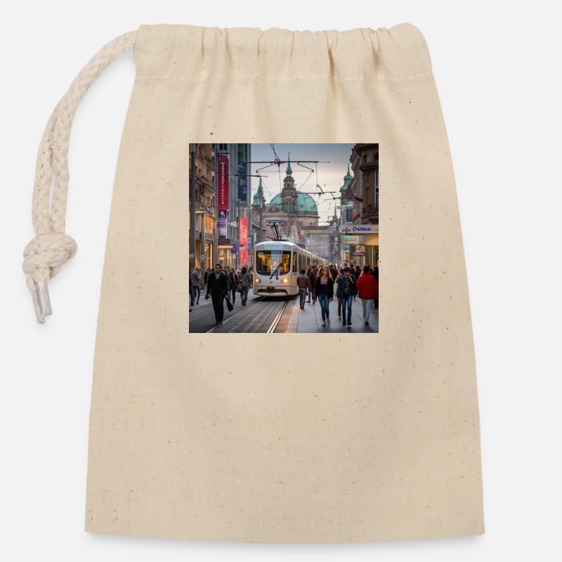 Rue avec tram - Sac cadeau en coton avec cordon (14 x 20 cm) - nature