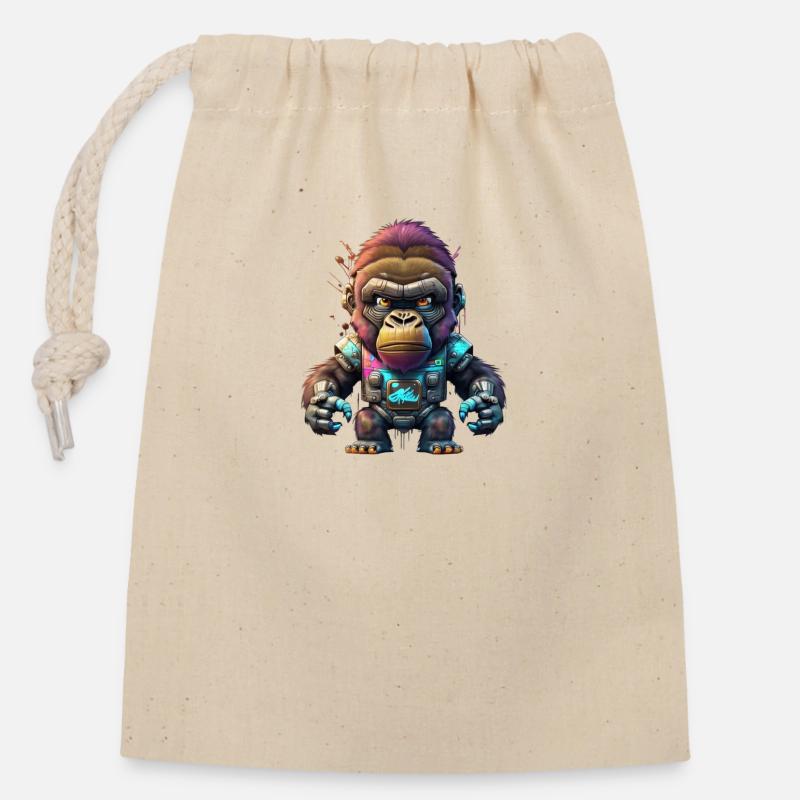 Robot Gorille - Sac cadeau en coton avec cordon (14 x 20 cm) - nature