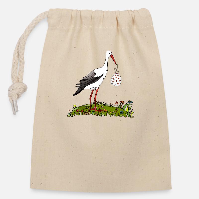 Cigogne - Sac cadeau en coton avec cordon (14 x 20 cm) - nature