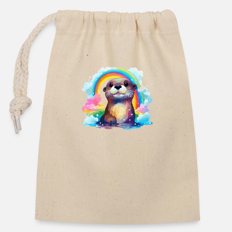 der Otter im Regenbogen - Verschließbarer Geschenkbeutel aus Baumwolle (14x20cm) - Natur