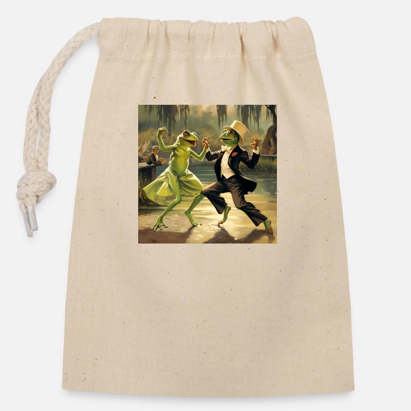 Frogs dancing - Closable cotton gift bag (14x20cm) - nature