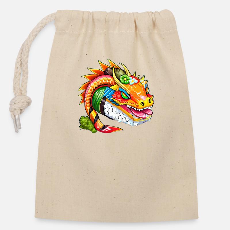 Sushi-Drache - Verschließbarer Geschenkbeutel aus Baumwolle (14x20cm) - Natur