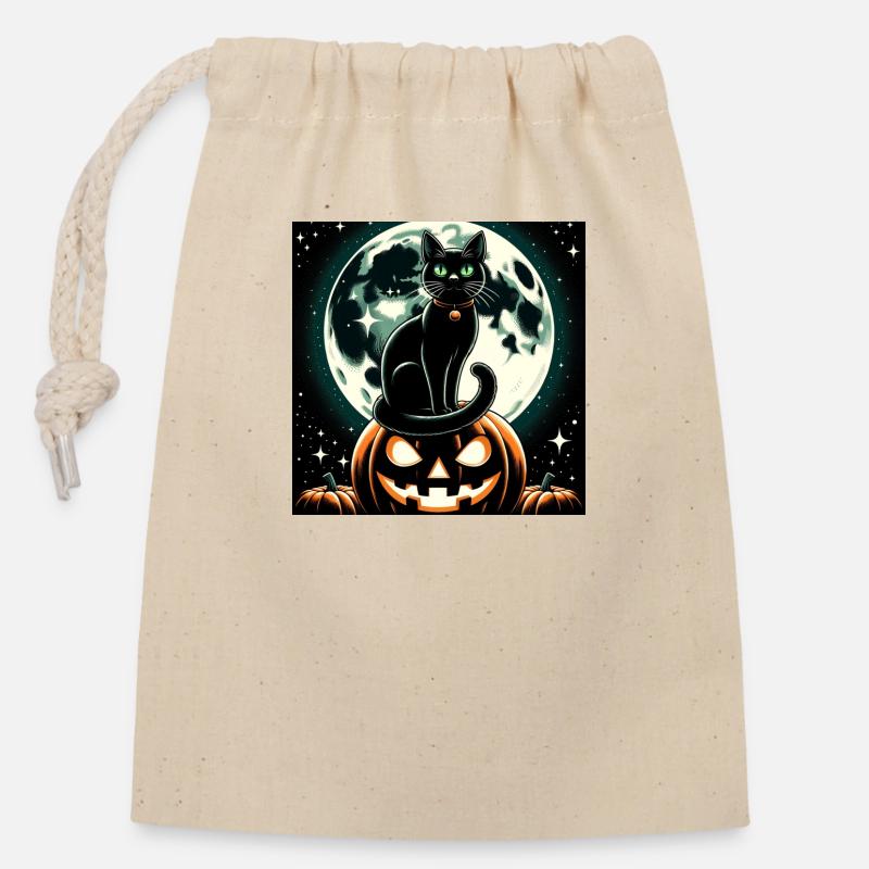 Chat et Halloween - Sac cadeau en coton avec cordon (14 x 20 cm) - nature