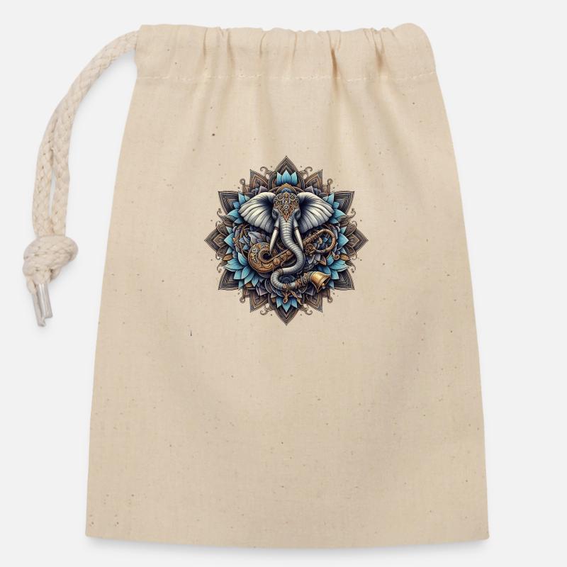 Mandala avec éléphant - Sac cadeau en coton avec cordon (14 x 20 cm) - nature