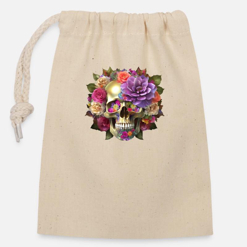 Crâne avec des fleurs - Sac cadeau en coton avec cordon (14 x 20 cm) - nature