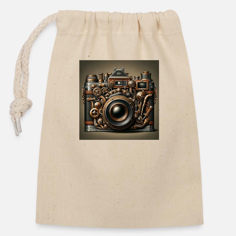 Caméra Steampunk - Sac cadeau en coton avec cordon (14 x 20 cm) - nature