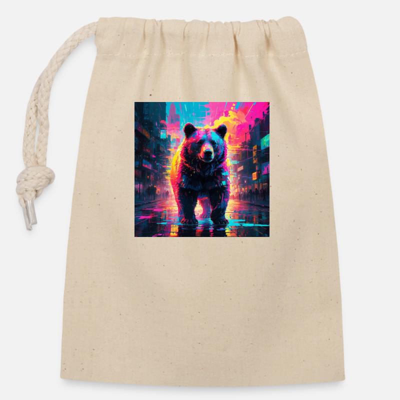 Ours Néon - Sac cadeau en coton avec cordon (14 x 20 cm) - nature