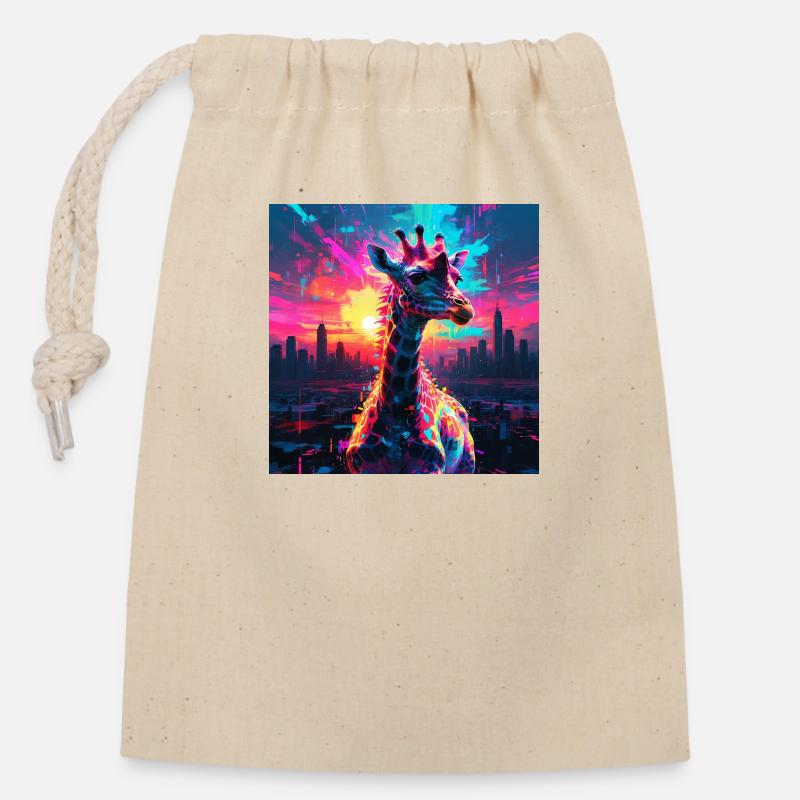 Girafe néon - Sac cadeau en coton avec cordon (14 x 20 cm) - nature