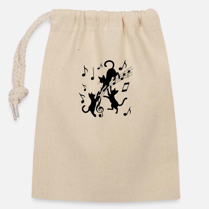 Black cats pattern playing with musical note - Closable cotton gift bag (14x20cm) - nature
