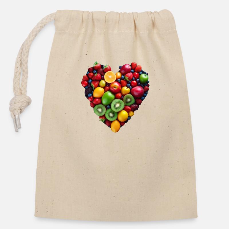 Cœur de fruit - Sac cadeau en coton avec cordon (14 x 20 cm) - nature
